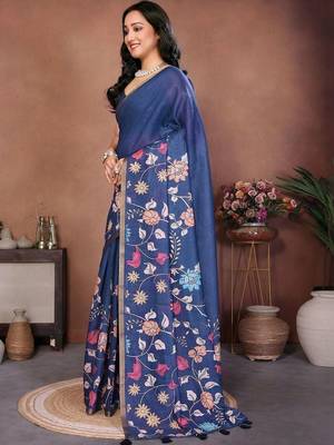 Blue linen printed saree with blouse 3