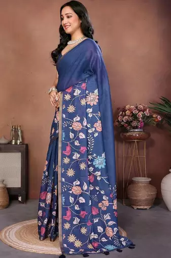 Blue linen printed saree with blouse