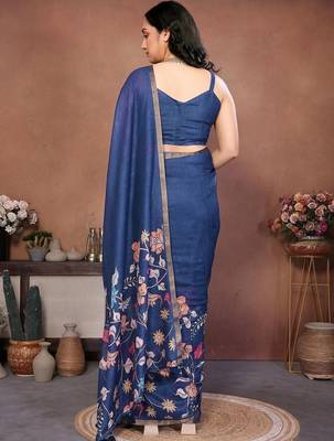 Blue linen printed saree with blouse 4