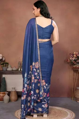 Blue linen printed saree with blouse
