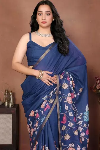 Blue linen printed saree with blouse