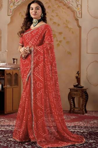 Red chiffon printed saree with blouse