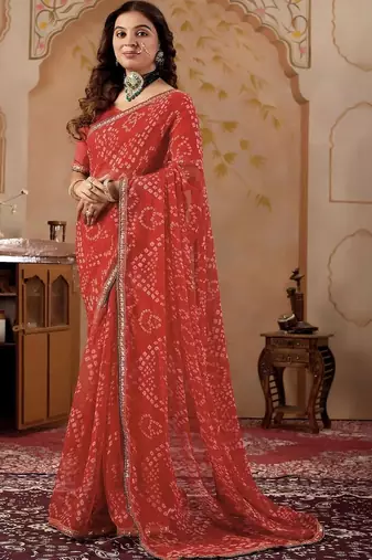 Red chiffon printed saree with blouse