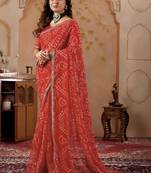 Red chiffon printed saree with blouse