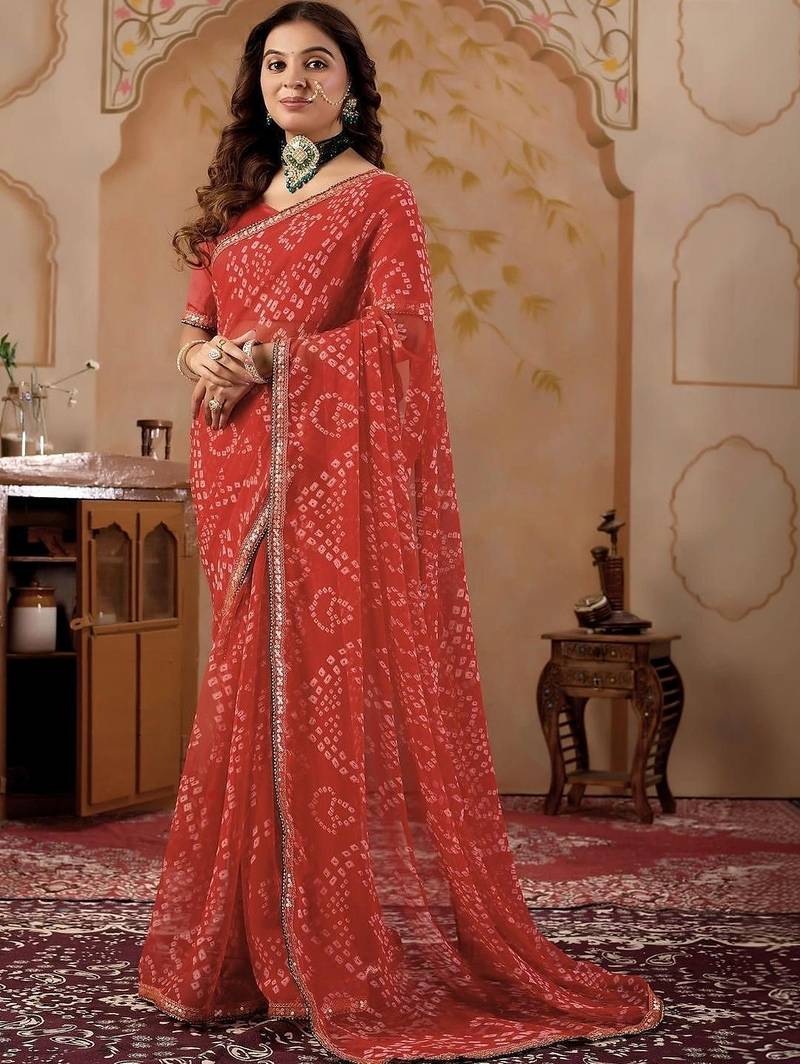 Red chiffon printed saree with blouse