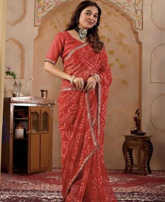 Red chiffon printed saree with blouse 2
