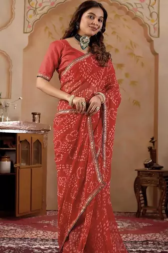 Red chiffon printed saree with blouse