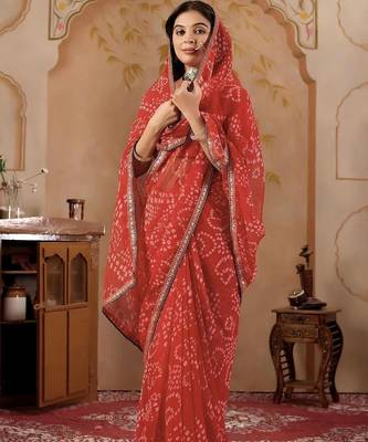 Red chiffon printed saree with blouse 3