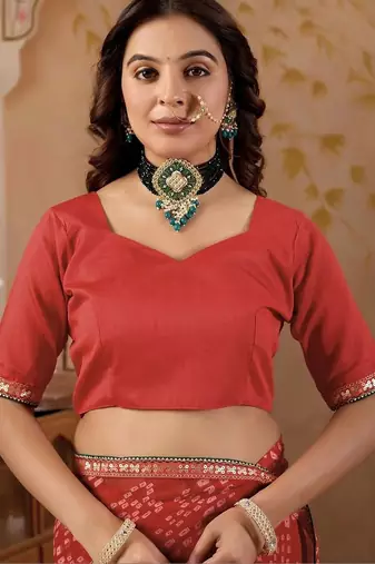 Red chiffon printed saree with blouse