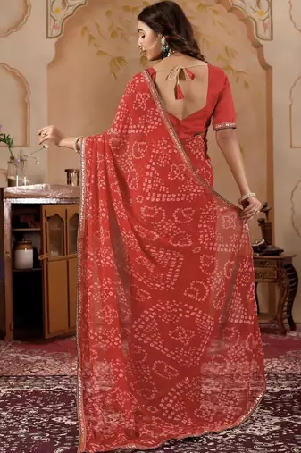 Red chiffon printed saree with blouse