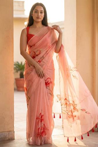 Pink organza printed saree with blouse