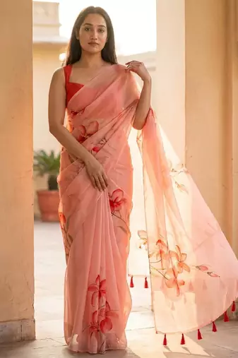 Pink organza printed saree with blouse