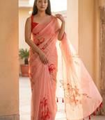 Pink organza printed saree with blouse