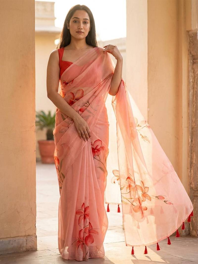 Pink organza printed saree with blouse