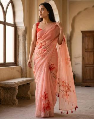 Pink organza printed saree with blouse 2