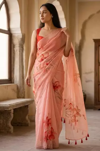 Pink organza printed saree with blouse