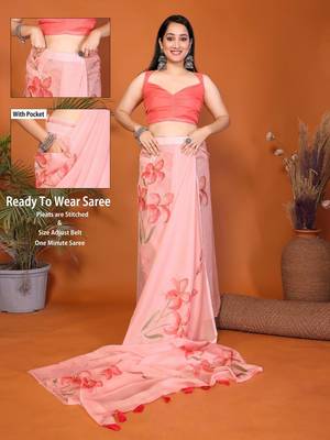 Pink organza printed saree with blouse 3