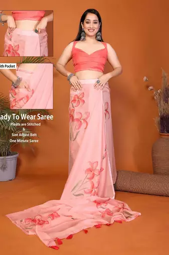 Pink organza printed saree with blouse