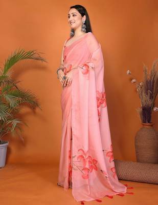 Pink organza printed saree with blouse 5