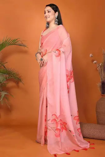 Pink organza printed saree with blouse
