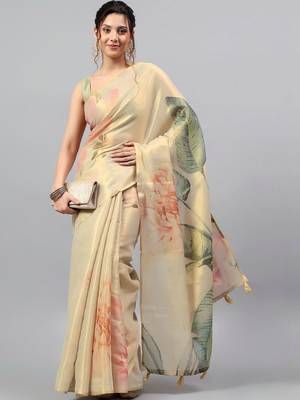 Cream tissue printed saree with blouse 1
