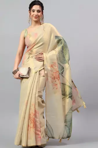 Cream tissue printed saree with blouse