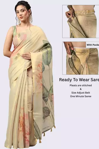 Cream tissue printed saree with blouse