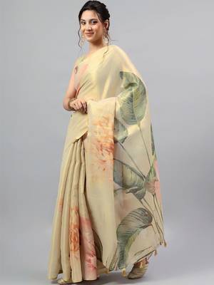 Cream tissue printed saree with blouse 3