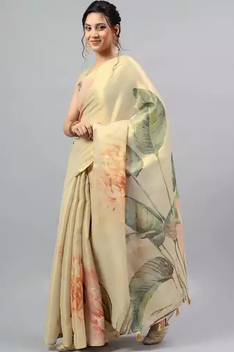 Cream tissue printed saree with blouse