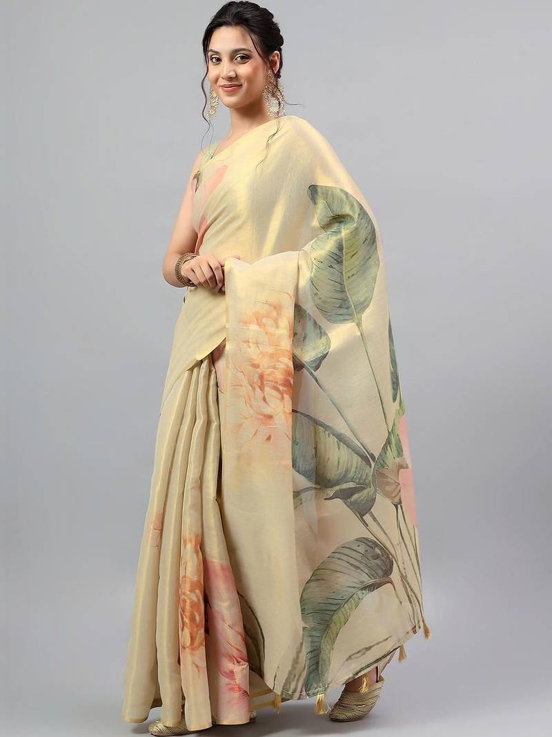 Cream tissue printed saree with blouse