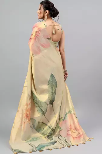 Cream tissue printed saree with blouse