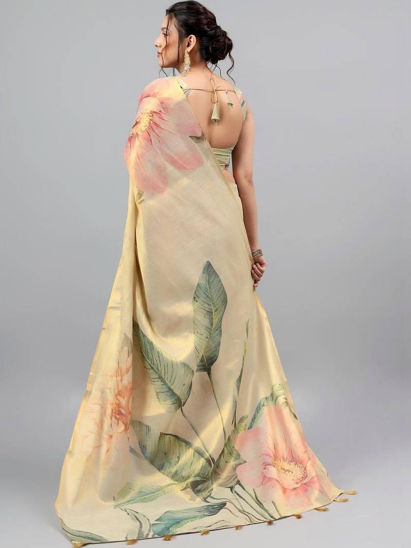 Cream tissue printed saree with blouse