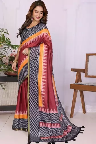 Maroon linen  saree with blouse