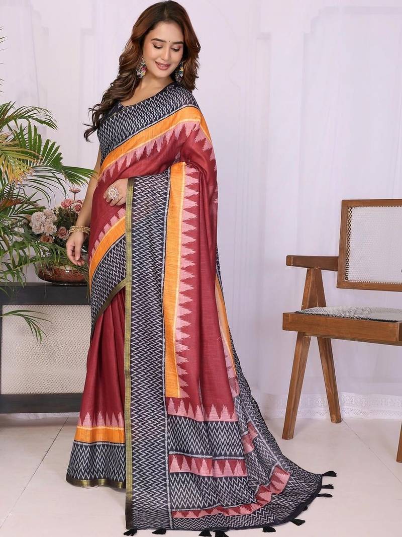 Maroon linen  saree with blouse