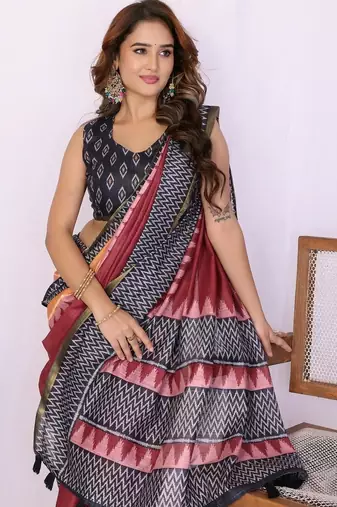 Maroon linen  saree with blouse