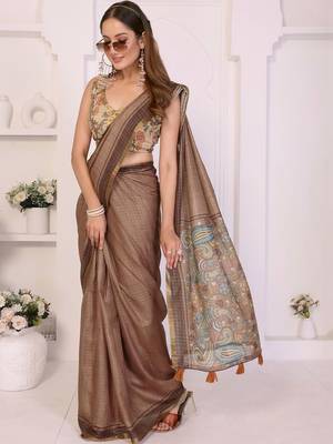 Brown linen printed saree with blouse 1