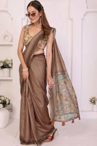 Brown linen printed saree with blouse