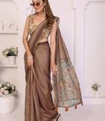 Brown linen printed saree with blouse