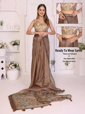 Brown linen printed saree with blouse 2