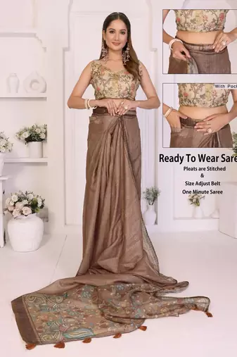 Brown linen printed saree with blouse