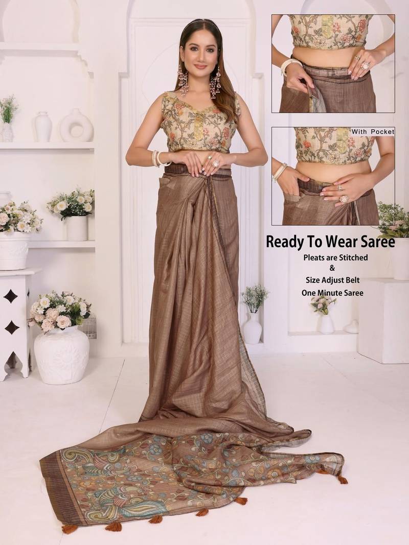 Brown linen printed saree with blouse
