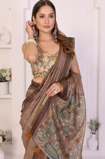 Brown linen printed saree with blouse