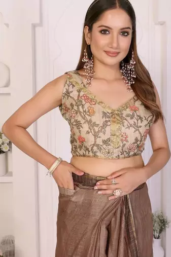 Brown linen printed saree with blouse