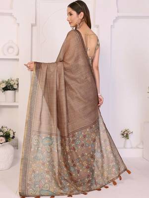 Brown linen printed saree with blouse 5