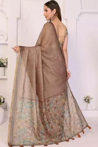 Brown linen printed saree with blouse