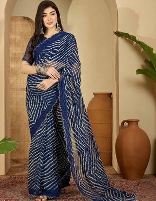 Navy blue pure georgette striped saree with blouse 1