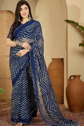 Navy blue pure georgette striped saree with blouse