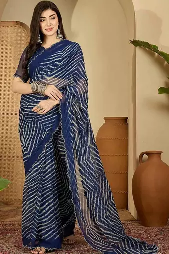 Navy blue pure georgette striped saree with blouse