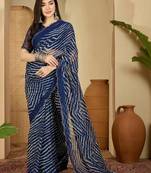 Navy blue pure georgette striped saree with blouse