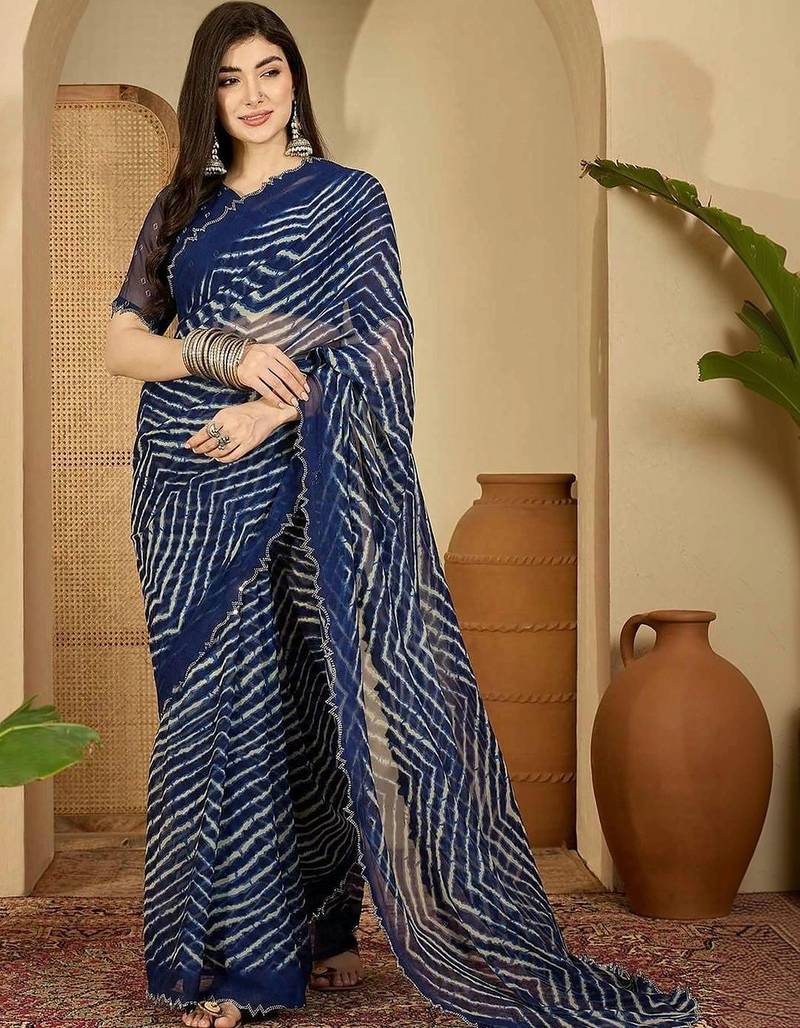Navy blue pure georgette striped saree with blouse